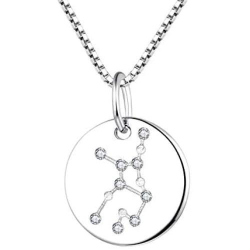 YL Womens Constellation Jewelry Sterling Silver Zodiac Necklace Astrology Coin Disc Horoscope Pendant with 18K White/Rose Gold Plated
