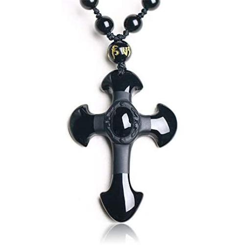 DUOVEKT Natural Obsidian Cross Amulet Pendant Necklace Hand Carved Pendant with Lucky Free Beads Chain for Women Men Jewelry