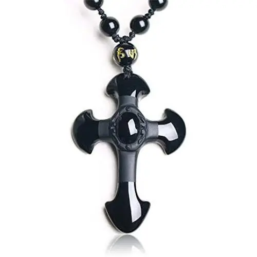 DUOVEKT Natural Obsidian Cross Amulet Pendant Necklace Hand Carved Pendant with Lucky Free Beads Chain for Women Men Jewelry DUOVEKT Natural Obsidian Cross Amulet Pendant Necklace Hand Carved Pendant with Lucky Free Beads Chain for Women Men Jewelry