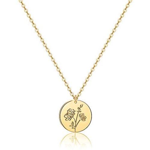MONOOC Birth Flower Necklace, 14K Gold Plated Birth Month Floral Necklace Minimalist Dainty Disc Pendant Birthflower Disk Charm Necklace Jewelry Personalized Mothers Day Bridesmaid Gifts for Her