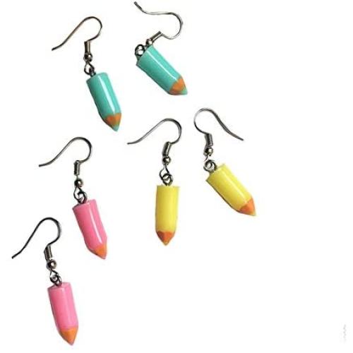 3 Pairs Colorful Pencil Dangle Earrings for Women Girls Kids - Funny Cute Pen Pendant Earring Artist Jewelry