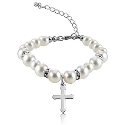 POTIY Christening Gift Pearl Bracelet with Cross for First Communion Baptism Jewelry Communion Gift for Godmother Goddaughter Religious Jewelry