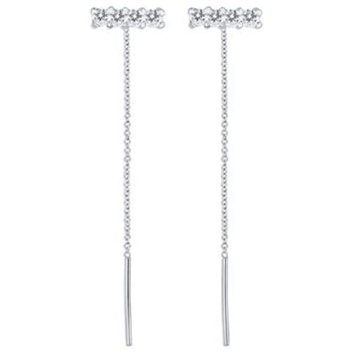 CZ Bar Threader Chain Dangle Drop Earrings for Women Girls S925 Sterling Silver Minimalist Crystal Dangling Hanging Stud Piercing Hypoallergenic Jewelry Gifts