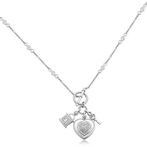 Jewelili Sterling Silver 1/5 Cttw Natural White Round Diamond Heart, Lock and Key Charm Pendant Toggle Necklace, 18'' Cable Chain