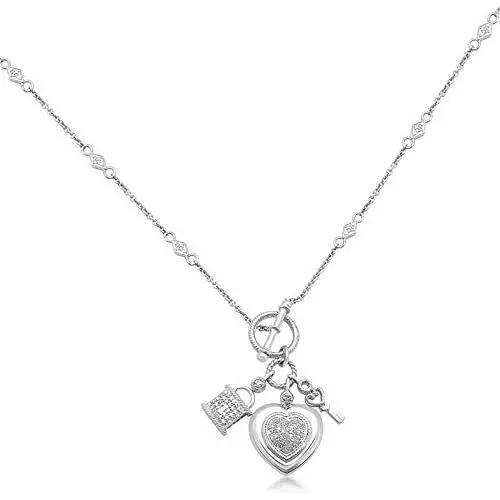 Jewelili Sterling Silver 1/5 Cttw Natural White Round Diamond Heart, Lock and Key Charm Pendant Toggle Necklace, 18'' Cable Chain Jewelili Sterling Silver 1/5 Cttw Natural White Round Diamond Heart, Lock and Key Charm Pendant Toggle Necklace, 18'' Cable Chain