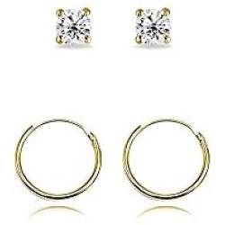 2 Pairs Sterling Silver 10mm Endless Hoops and 2mm Round CZ Stud Unisex Cartilage Earrings Set