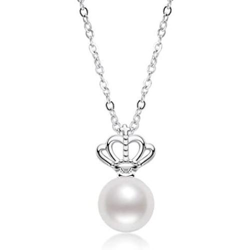 White Pearl Pendant Necklace Freshwater Cultured Pearl Dainty Queens Crown Necklace with Sterling Silver Chain Gifts for Women Girls Wife