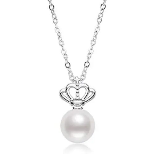 White Pearl Pendant Necklace Freshwater Cultured Pearl Dainty Queens Crown Necklace with Sterling Silver Chain Gifts for Women Girls Wife