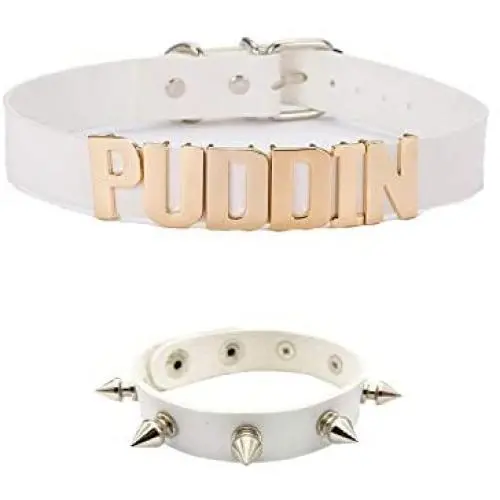 Puddin Necklace and Rivets bracelet Leather Choker Necklace Cosplay Choker Letter Collor Cosplay Accessory for Women and Girls Halloween Party