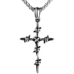 HZMAN Mens Vintage Silver Nail Cross Punk Gothic Stainless Steel Barbed Wire Pendant Necklacee 22+2 Inch