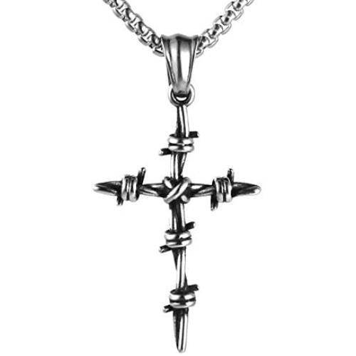 HZMAN Mens Vintage Silver Nail Cross Punk Gothic Stainless Steel Barbed Wire Pendant Necklacee 22+2 Inch