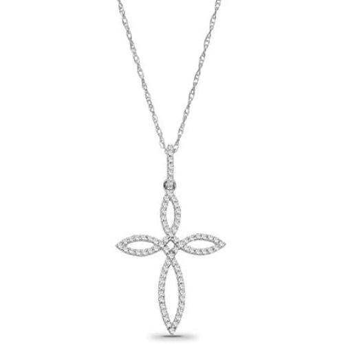 10K White Gold Diamond Cross Pendant with Sterling Silver Chain Necklace (1/4 cttw, I-J Color, I2-I3 Clarity), 18''