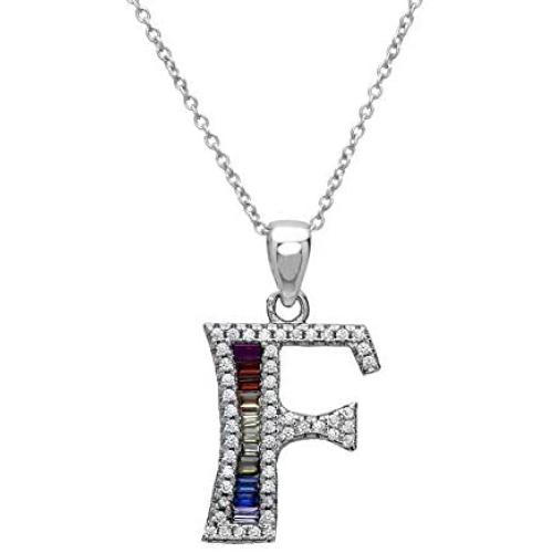 Pori Jewelers Sterling Silver Baguette and Round-Cut Crystal Initial Pendant Necklace