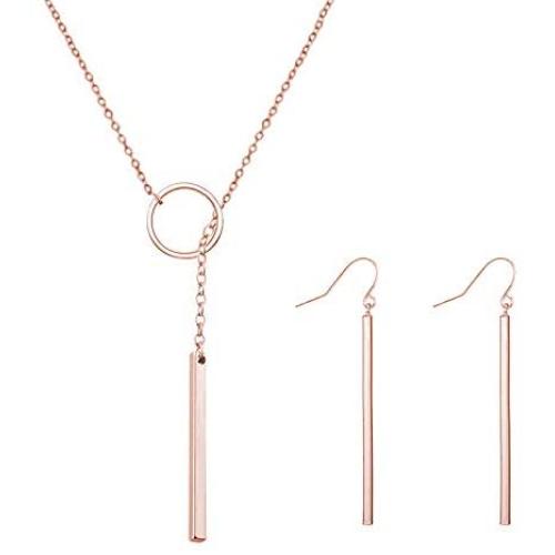 HUASAI Silver Y Lariat Bar Necklace Earrings Set,Simply Drop Bar Y Chain Pendant Vertical Bar Dangle Earrings Jewelry
