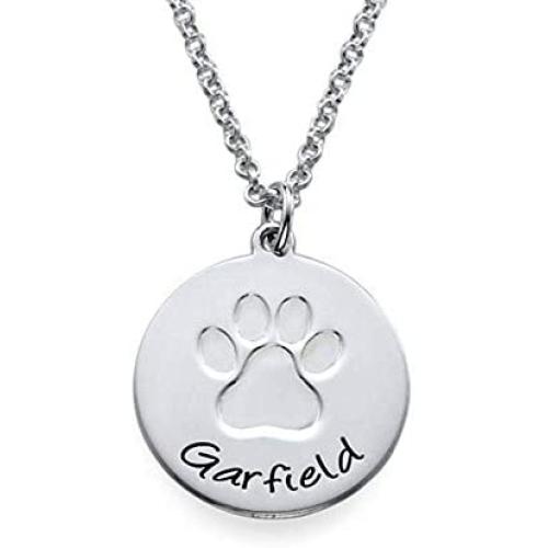 MyNameNecklace Personalized Necklace with Paw Print - Engrave Your Pets Name on Silver Disc - Jewelry Gift