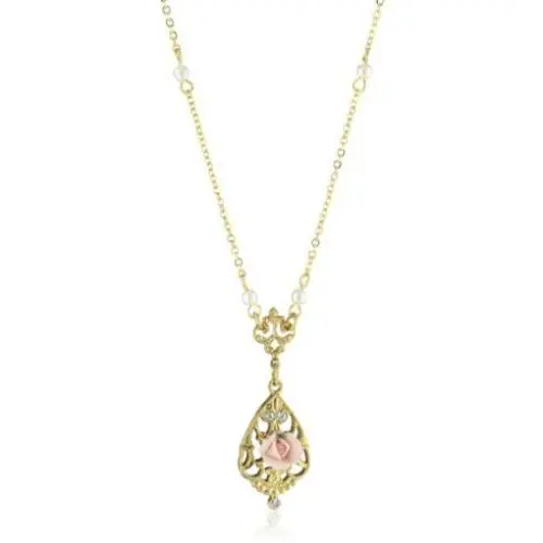 1928 Jewelry 14k Gold-Dipped Vintage-Inspired Porcelain Rose with Crystal Accent Necklace, 17'' 1928 Jewelry 14k Gold-Dipped Vintage-Inspired Porcelain Rose with Crystal Accent Necklace, 17''