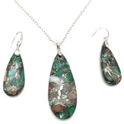 Teardrop Sea Sediment Imperial Jasper Natural Stone Gemstone Necklace Pendant & Drop Dangle Hook Earrings Jewelry Set For Women Girls