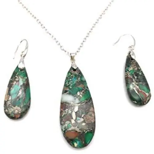 Teardrop Sea Sediment Imperial Jasper Natural Stone Gemstone Necklace Pendant & Drop Dangle Hook Earrings Jewelry Set For Women Girls