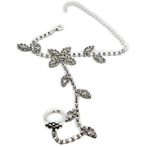 TFJ Women Fashion Jewelry Hand Chain Wrist Bracelet Flower Slave Ring Floral Beads Silver