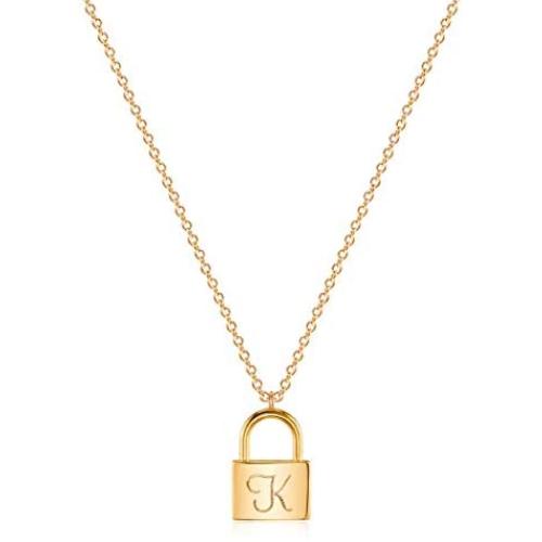 Mevecco Gold Dainty Initial Necklace Lock Necklace 18K Gold Plated Padlock Necklace Letter Necklaces for Women Minimalist Personalized Jewelry