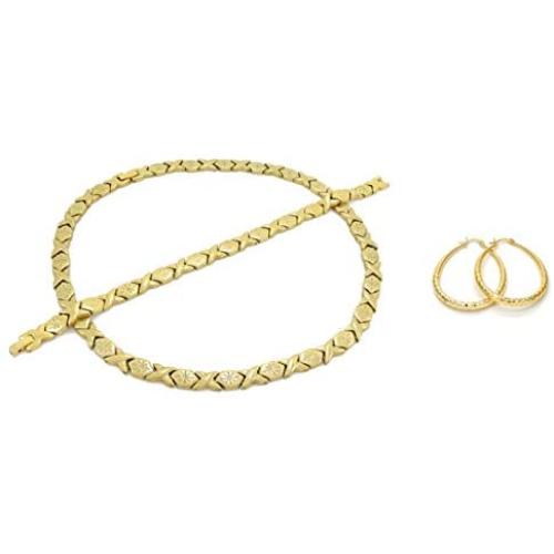 Bling Bling NY Womens Gold Tone Starburst Hugs & Kisses Necklace Bracelet Earrings Set 14K Gold Filled Medium Oval Hoops XOXO 18-20 inches