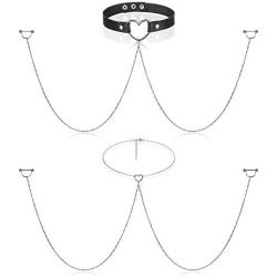 Yaomiao Nipple Ring with Choker Necklaces Stainless Steel Chain Heart Nipple Rings Chain Punk Faux Leather Chokers Barbell Piercing Jewelry for Women