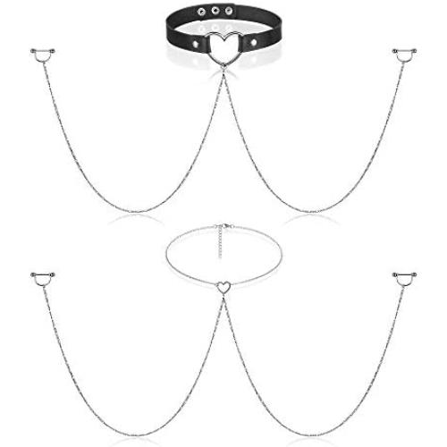 Yaomiao Nipple Ring with Choker Necklaces Stainless Steel Chain Heart Nipple Rings Chain Punk Faux Leather Chokers Barbell Piercing Jewelry for Women