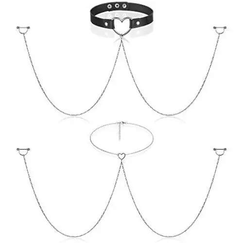 Yaomiao Nipple Ring with Choker Necklaces Stainless Steel Chain Heart Nipple Rings Chain Punk Faux Leather Chokers Barbell Piercing Jewelry for Women