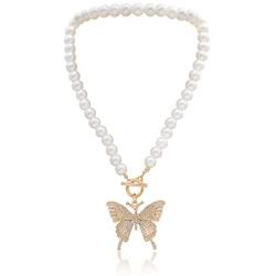 Pingyongchang New Short Pearl Rhinestones Choker Big Gold Color Butterfly Necklace for Women Girls Party Hot Jewelry Gifts