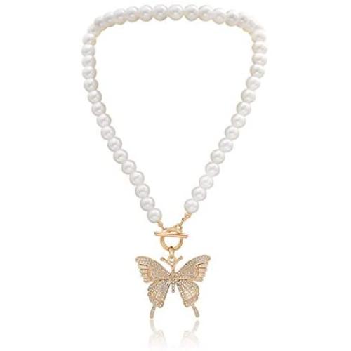 Pingyongchang New Short Pearl Rhinestones Choker Big Gold Color Butterfly Necklace for Women Girls Party Hot Jewelry Gifts