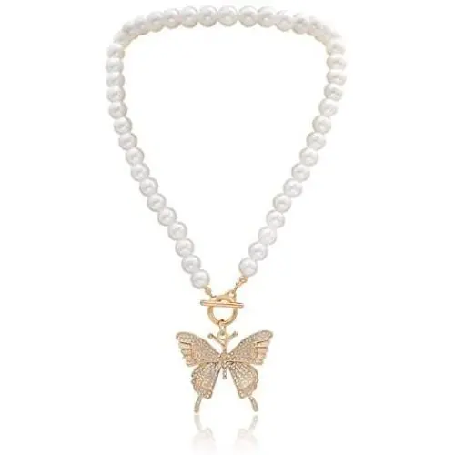 Pingyongchang New Short Pearl Rhinestones Choker Big Gold Color Butterfly Necklace for Women Girls Party Hot Jewelry Gifts