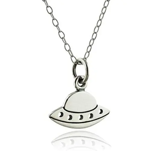 Sterling Silver Small Flying Saucer UFO Charm Necklace, 18'' Cable Chain, Spaceship Sci Fi