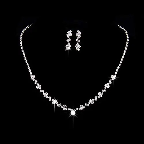 Unicra Bride Silver Bridal Necklace Earrings Set Rhinestone Choker Necklace Crystal Wedding Jewelry Set for Women and Girls- (2 earrings and 1 necklace) Unicra Bride Silver Bridal Necklace Earrings Set Rhinestone Choker Necklace Crystal Wedding Jewelry Set for Women and Girls- (2 earrings and 1 necklace)