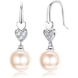 Sllaiss 925 Sterling Silver Austria Pearl Drop Earrings for Women, Cubic Zirconia Heart Dangle Earrings, Fine Jewelry for Love