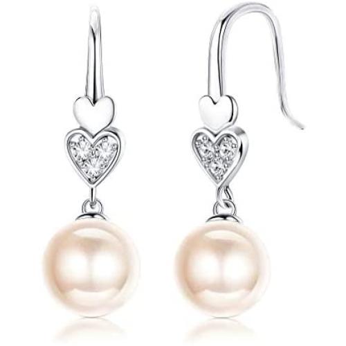 Sllaiss 925 Sterling Silver Austria Pearl Drop Earrings for Women, Cubic Zirconia Heart Dangle Earrings, Fine Jewelry for Love