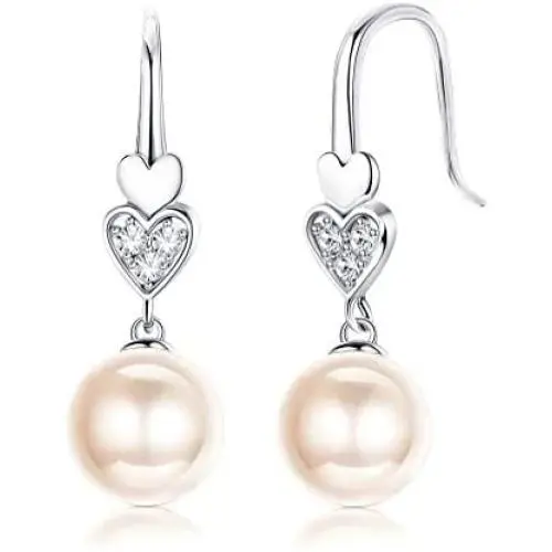 Sllaiss 925 Sterling Silver Austria Pearl Drop Earrings for Women, Cubic Zirconia Heart Dangle Earrings, Fine Jewelry for Love