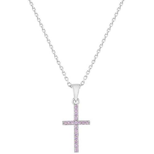 925 Sterling Silver Shiny Prong Set Cubic Zirconia Petite Cross Necklace for Young Girls & Preteens - Classic Tiny CZ Cross Pendant Necklace for Girls - Religious Christian Jewelries for Little Girls