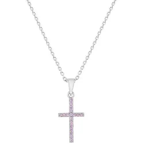 925 Sterling Silver Shiny Prong Set Cubic Zirconia Petite Cross Necklace for Young Girls & Preteens - Classic Tiny CZ Cross Pendant Necklace for Girls - Religious Christian Jewelries for Little Girls