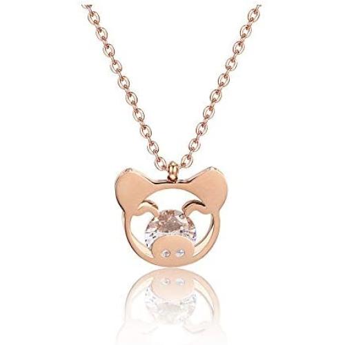 Cute Pig Pendant Necklace Rose Gold Sweet Animal Necklace Gift for Women Girls (with crystal)