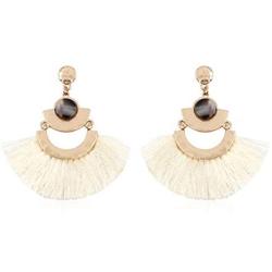 RIAH FASHION Bohemian Lightweight Silky Thread Fan Tassel Statement Drop Earrings - Embellished Fringe Dangles Filigree Chandelier Duster, Printed Wood, Cork