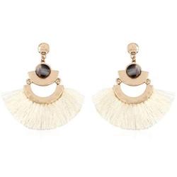 RIAH FASHION Bohemian Lightweight Silky Thread Fan Tassel Statement Drop Earrings - Embellished Fringe Dangles Filigree Chandelier Duster, Printed Wood, Cork