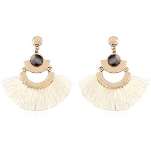 RIAH FASHION Bohemian Lightweight Silky Thread Fan Tassel Statement Drop Earrings - Embellished Fringe Dangles Filigree Chandelier Duster, Printed Wood, Cork