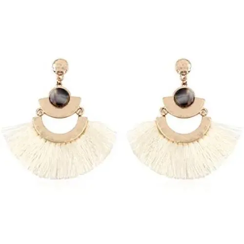 RIAH FASHION Bohemian Lightweight Silky Thread Fan Tassel Statement Drop Earrings - Embellished Fringe Dangles Filigree Chandelier Duster, Printed Wood, Cork
