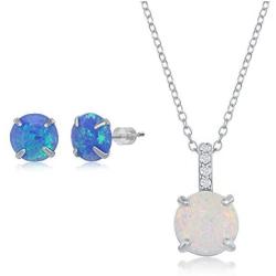 Round Pronged Created Blue/White Opal with Cubic Zirconia 18’’ Pendant Necklace Including 6mm Round Blue Created Opal Stud Earrings Sterling Silver Jewelry Set for Women or Teens