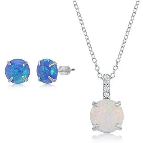 Round Pronged Created Blue/White Opal with Cubic Zirconia 18’’ Pendant Necklace Including 6mm Round Blue Created Opal Stud Earrings Sterling Silver Jewelry Set for Women or Teens