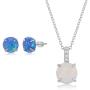 Round Pronged Created Blue/White Opal with Cubic Zirconia 18’’ Pendant Necklace Including 6mm Round Blue Created Opal Stud Earrings Sterling Silver Jewelry Set for Women or Teens