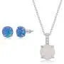 Round Pronged Created Blue/White Opal with Cubic Zirconia 18’’ Pendant Necklace Including 6mm Round Blue Created Opal Stud Earrings Sterling Silver Jewelry Set for Women or Teens