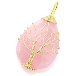 Top Plaza Natural Healing Crystals Rose Quartz Teardrop Gemstone Necklace Tree of Life Gold Copper Wire Wrapped Pendant Necklaces Reiki Quartz Jewelry for Womens