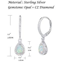 FANCIME October Birthstone Sterling Silver Created Fire Opal Necklace/Stud Leverback Earrings Teardrop CZ Cubic Zirconia Halo Gemstone Fine Jewelry Gifts for Women Girls