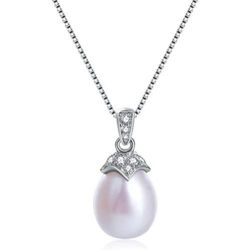 MOLAH 9.5-10mm Drop Cultured Freshwater Pearl and Simulated Diamond CZ Necklace 925 Silver Rhodium Plated